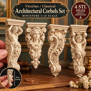 May include: A set of four off-white miniature architectural corbels featuring intricate relief carvings of figures and floral motifs. The text reads Vicorian / Classical Architectural Corbels Set, Miniature 1:12 Scale, 4 STL Files, Digital Download, and 6 cm (2.4 in).
