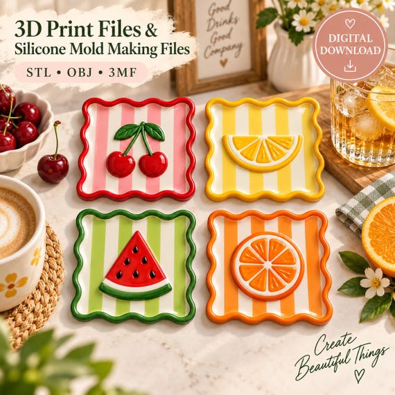 Fruit Coaster Set 3D Print & Silicone Mold Files, STL OBJ 3MF