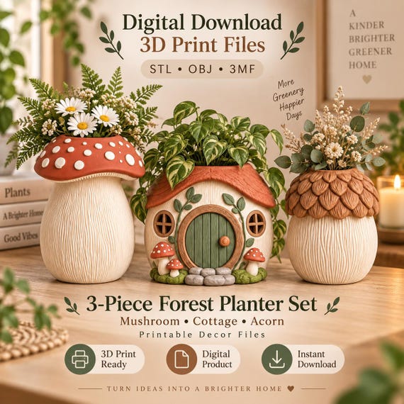 3-Piece Woodland Planter Set: Mushroom, Cottage, Acorn STL / OBJ / 3MF (Digital Download)