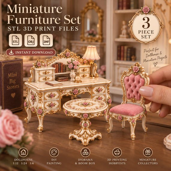 Victorian Rococo Furniture STL Set, Dollhouse Desk Chair Table 3D Print Files