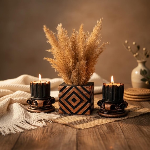 Roman Column Concrete Candle Holder Set with Architectural Cube