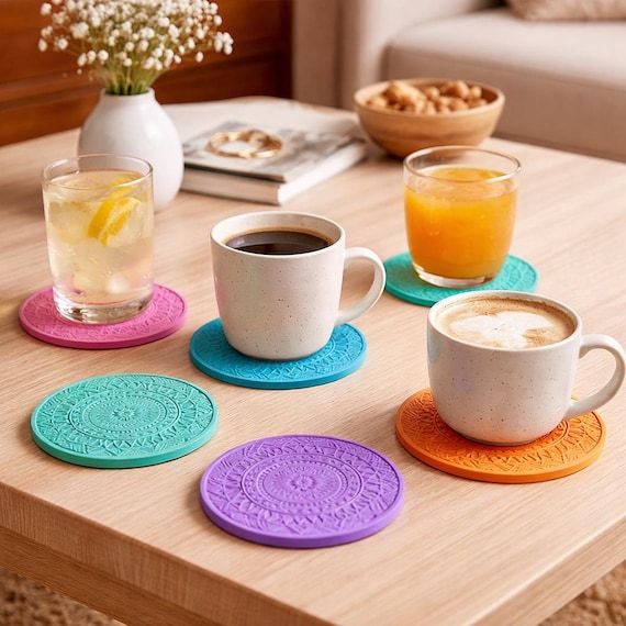 Colorful Embossed Coasters – Handmade Stone Drink Set