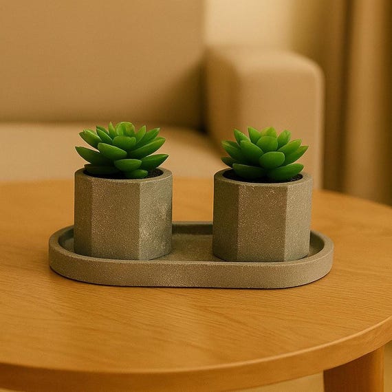 Mini Stone Concrete Planter Set – Succulent Pot & Tray / Desk Decor