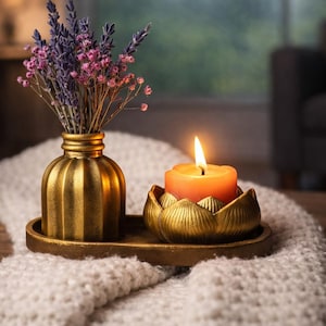 Set Bougeoir Lotus Doré, Mini Vase et Plateau Déco, Décoration Bohème