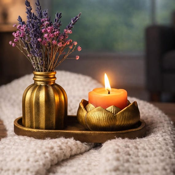 Lotus Candle Tealight Holder Tray Set, Gold