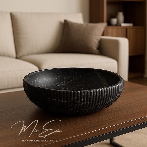 Large Black Marble effect Bowl – Handmade Stone Decor Centerpiece