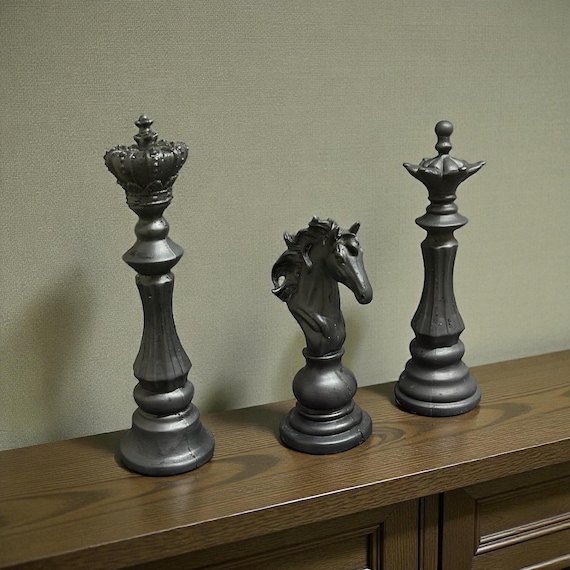 Large Chess King Queen Knight Set – Hand Painted Black Decor
