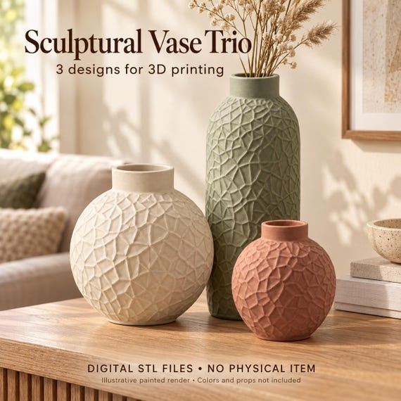 Vase STL Bundle 3 Textured Vase Designs for 3D Printing, Modern Decor, Digital Download