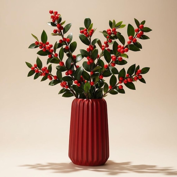 Dark Red Fluted Vase – Matte Ribbed Stone Decor