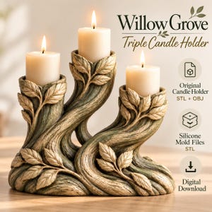 Puede incluir: Un portavelas triple con una base texturizada similar a un árbol, con hojas esculpidas y tres velas blancas encendidas. El texto dice Willow Grove Triple Candle Holder, Original Candle Holder STL + OBJ, Silicone Mold Files STL, Digital Download.