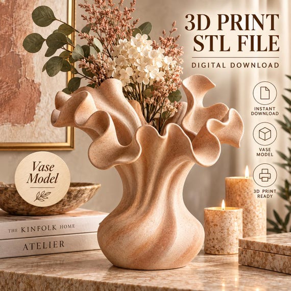 Organic Ruffle Vase STL, Sculptural 3D Print File (Digital Download)