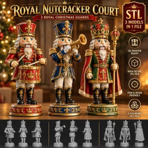 Puede incluir: Tres figuras decorativas de cascanueces tituladas Royal Nutcracker Court, 3 Royal Christmas Guards. Incluye un tamborilero, un trompetista y un rey con cetro. El archivo digital incluye 3 modelos en 1 archivo, listo para impresora 3D, archivo STL de alta definición, compatible con FDM y resina.