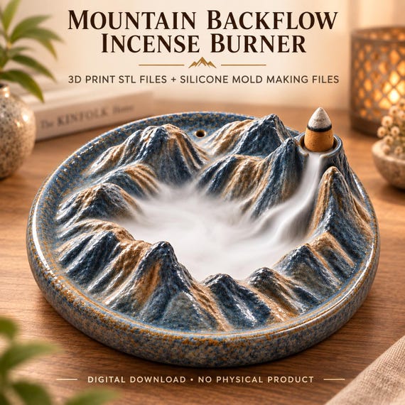 Mountain Backflow Incense Burner STL Files, 3D Print & Silicone Mold Making Files - Digital Download