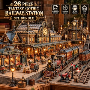 Puede incluir: Un paquete de 26 archivos STL de una estación de tren gótica de fantasía para impresión 3D a escala 1:12. El conjunto incluye un edificio de estación detallado con reloj, una taquilla, una locomotora de vapor, vagones y vías férreas.