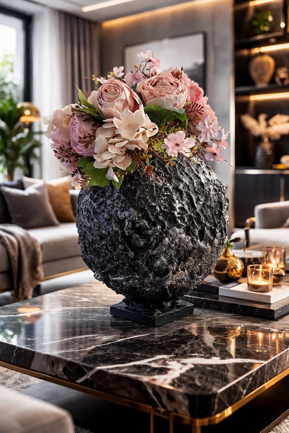 Meteorite Style Concrete Vase with Flowers – Black Textured Handmade Decor