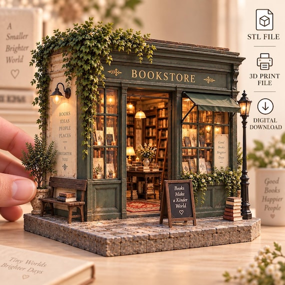 Miniature Bookstore STL, Dollhouse Shop 3D Print File, Bookshelf & Books Set, Diorama Digital Download