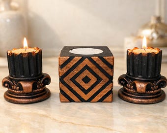 Roman Column Concrete Candle Holder Set with Architectural Cube