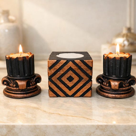 Roman Column Concrete Candle Holder Set with Architectural Cube