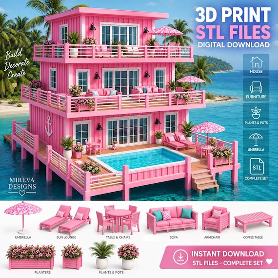 Beach House STL Bundle, Pool Villa and Miniature Outdoor Furniture 3D Print Files