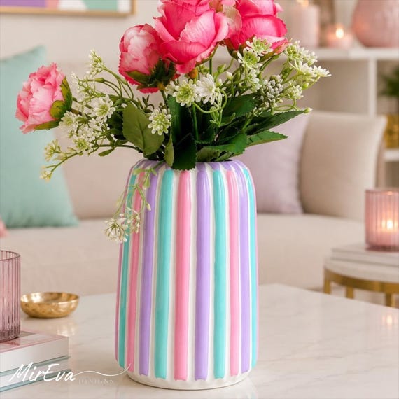 Colorful Concrete Vase, Pastel Striped Flower Vase, Modern Boho Home Decor, Cafe Table Centerpiece, 17 cm