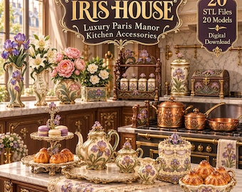 Könnte beinhalten: Eine Sammlung von Küchenzubehör mit Iris-Blumenmotiven, darunter eine Teekanne, eine Etagere, Vorratsdosen und Kupfergeschirr. Text: THE IRIS HOUSE Luxury Paris Manor Kitchen Accessories, 20 STL Files 20 Models Digital Download.