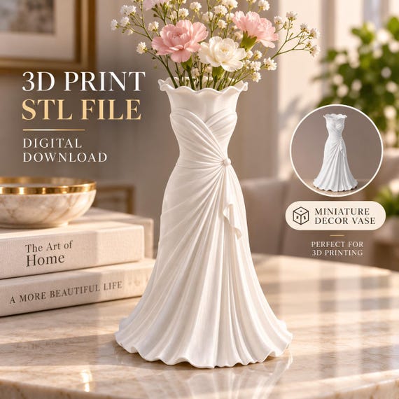 Wedding Dress Vase STL, Draped Gown Vase 3D Print File, Sculptural Home Decor