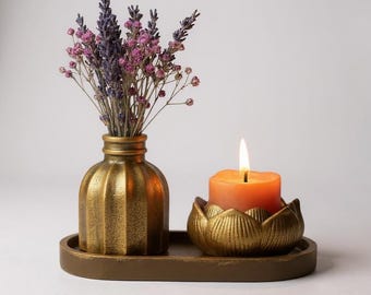 Lotus Candle Tealight Holder Tray Set, Gold