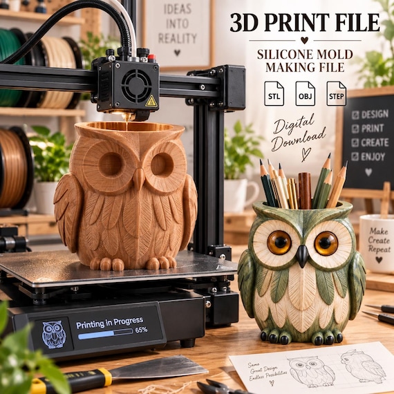 Owl Pencil Holder 3D Print File, Silicone Mold Making Bundle (Digital Download)