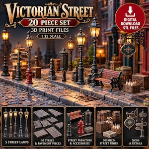 May include: A 20-piece 1:12 scale Victorian street set of 3D print files including five street lamps, ten cobblestone pavement pieces, a red fire hydrant, a wooden bench, a trash bin, wooden crates, barrels, and hanging signs with text.