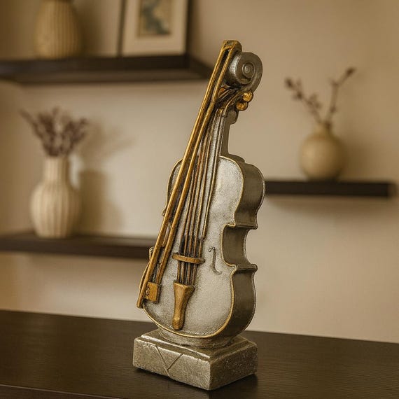 Gold Silver Violin Sculpture – Hand-Painted Decorative Accent