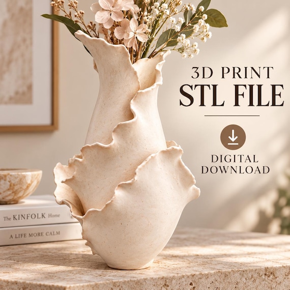 Sculptural Ruffle Vase STL, Organic Wavy Vase 3D Print File, Digital Download