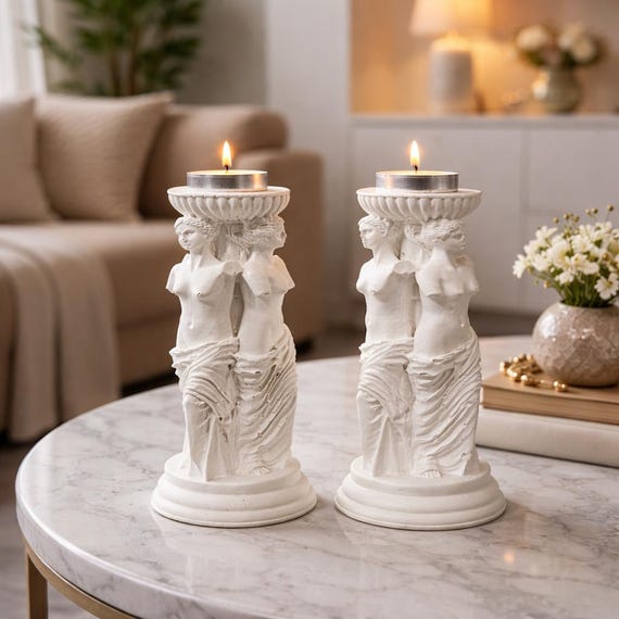 Greek Goddess  Hera Candle Holder Set, Three Graces Sculpture, Mythology Home Accent