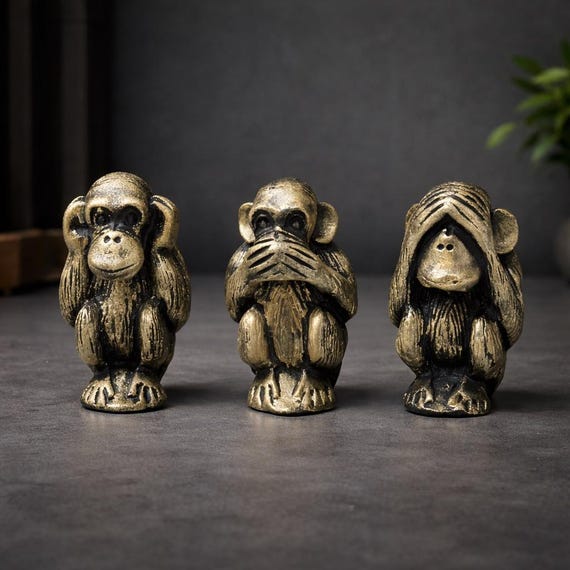 Three Wise Monkeys Statue Set- Black Gold Zen Decor