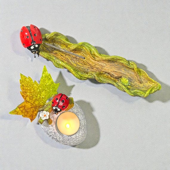 Ladybug Concrete Candle & Incense Holder Set – Woodland Nature Decor