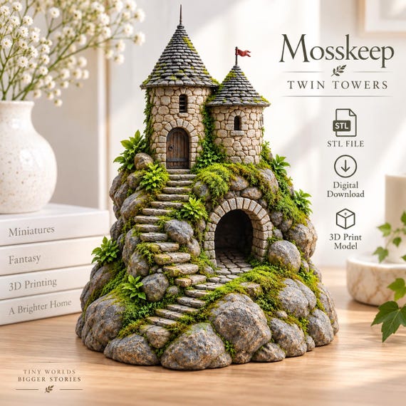 Fantasy Castle STL, Mossy Twin Towers 3D Print File, Medieval Diorama Digital Download