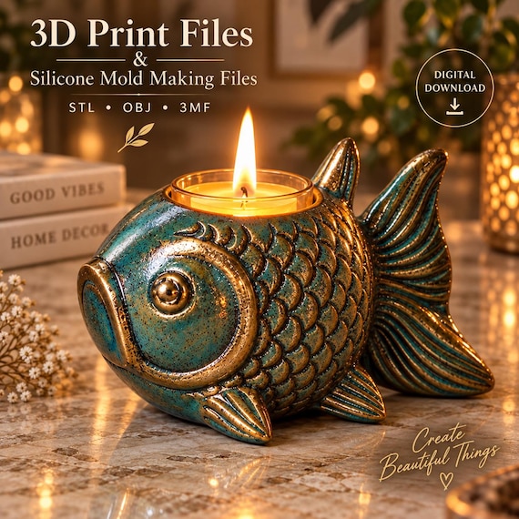 Fish Candle Holder 3D Print & Silicone Mold Files, STL OBJ 3MF