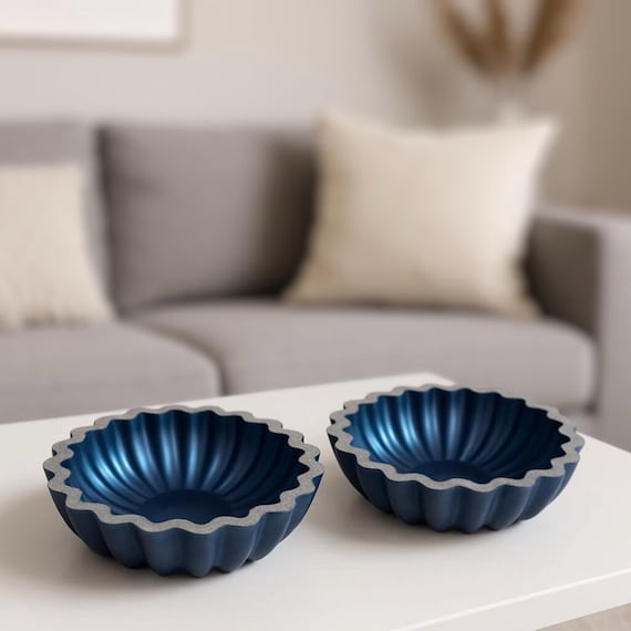 Blue Scalloped Stone Bowls Set – Navy Decorative Dishes