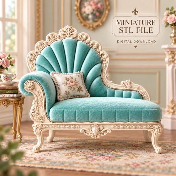 Rococo Chaise STL, Dollhouse Miniature Furniture, French Lounge Chair 3D Print File, Vintage Decor
