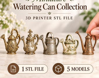 Könnte beinhalten: Eine Sammlung von fünf Miniatur-Gießkannen in verschiedenen metallischen Ausführungen und Designs, einschließlich floraler und verzierter Muster. Das Bild enthält den Text Miniature Watering Can Collection, 3D PRINTER STL FILE, 1 STL FILE und 5 MODELS.