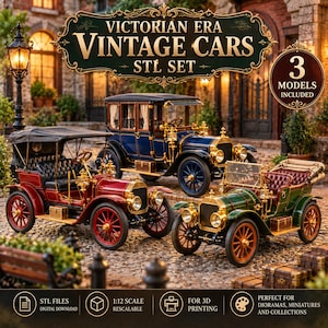 Puede incluir: Un conjunto digital de tres modelos de coches antiguos de la época victoriana para impresión 3D. La imagen muestra un coche rojo, uno azul y uno verde con detalles dorados, junto al texto Victorian Era Vintage Cars STL Set.