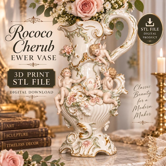 Rococo Cherub Vase STL, Baroque Ewer 3D Print File, Ornate Angel Decor