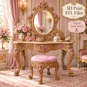 May include: A gold vanity table with an oval mirror and a matching stool featuring pink velvet upholstery. The set is adorned with intricate floral carvings and pink rose accents. Text in the image reads: 3D Print STL Files, Digital Download.