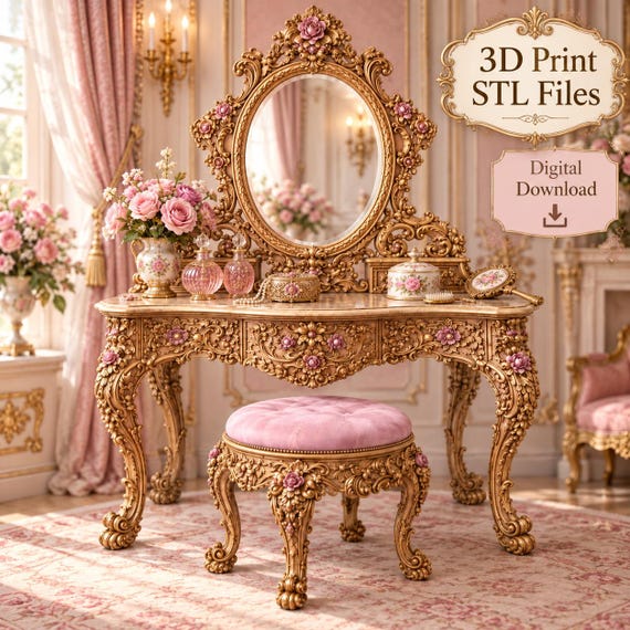 Rococo Miniature Vanity Set, Victorian Dressing Table & Stool (3D Print Files)