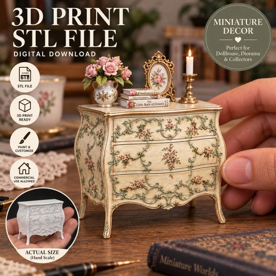 Rococo Dresser STL, 1:12 Dollhouse Miniature Furniture, Baroque Commode 3D Print File