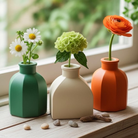 Concrete Bud Vase Set – Mini Geometric Shelf Vases (3-Piece)