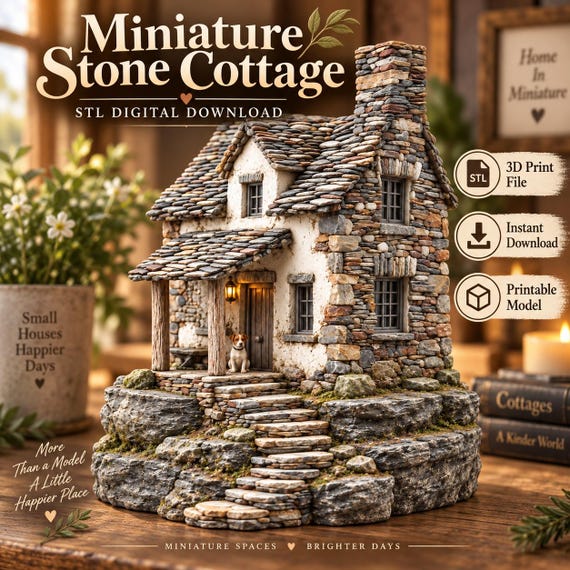 Stone Cottage STL, Rustic Dollhouse House 3D Print File with Dog
