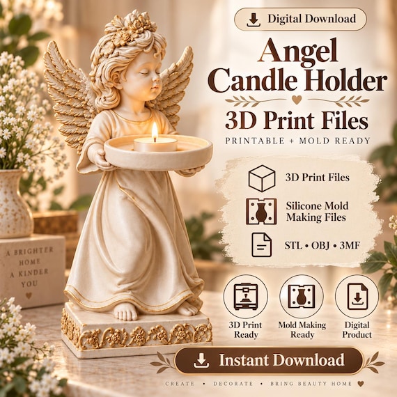 Angel Candle Holder 3D Print Files + Silicone Mold Making Files, STL OBJ 3MF