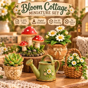 Może przedstawiać: Cyfrowy zestaw miniatur Bloom Cottage do druku 3D składający się z pięciu plików. Zestaw zawiera grupę czerwono-białych grzybów, stokrotki w doniczce, sukulenta w fakturowanej doniczce, zieloną konewkę oraz pleciony koszyk ze stokrotkami.