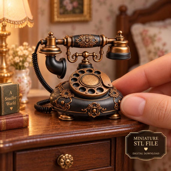 Antique Rotary Telephone STL, Victorian Dollhouse Phone, Miniature Furniture 3D Print File
