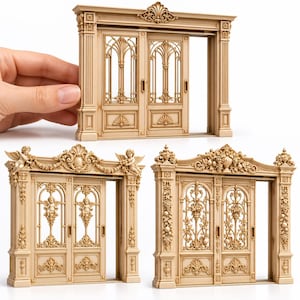 May include: Three miniature beige sliding door frames featuring intricate carved details. One frame has a simple arched design, while the others display ornate cherub figures, floral garlands, and fruit motifs in a light wood-toned finish.